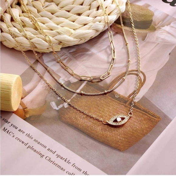 Gold 14k Gold Plated Cubic Zirconia Evil Eye 3pc Chain Necklace Set - Picture 2 of 3